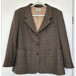 Vtg LL Bean Blazer Womens 16 P Wool Houndstooth Tweed Jacket USA Dark Academia